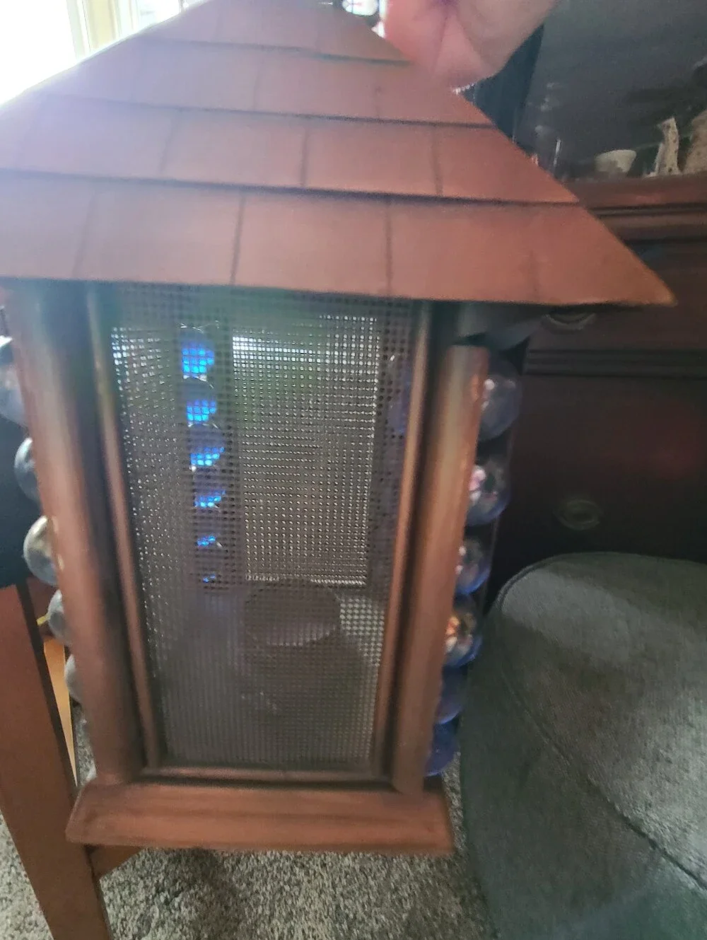 Rustic Copper Brown Lantern with Blue Glass Accents